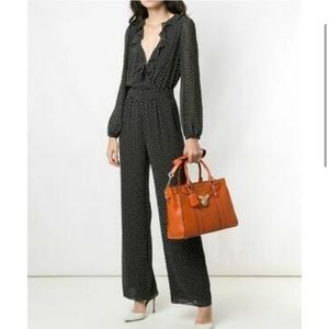 XXS - Michael Kors Ruffled Mini Polka Dot Georgette Jumpsuit Black